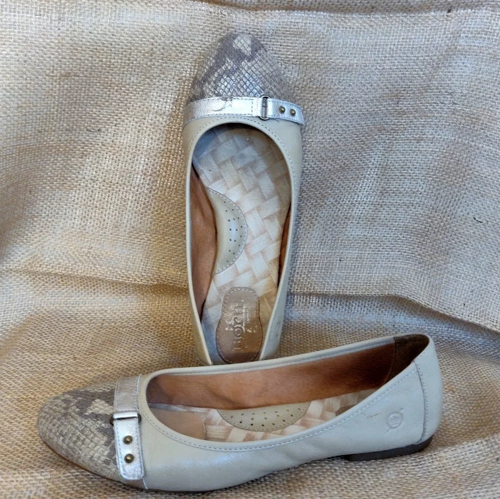 Born Leather Snakeskin Embossed Ballet Flats Tan Size 9.5
